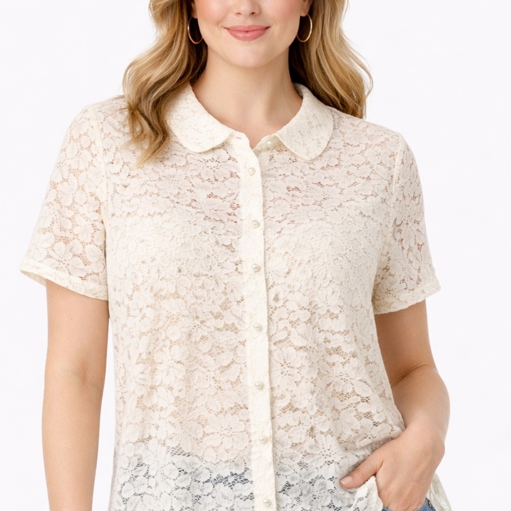 Ivory lace blouse by CURE, size XL, with pearl-like buttons.